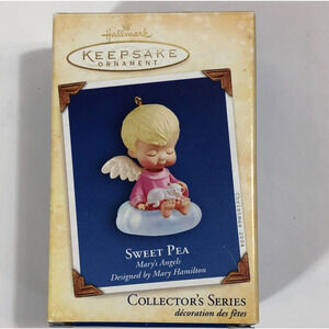 Hallmark 2004 MARY'S ANGEL #17 SWEET PEA Ornament Pink Dress with White Kitten